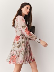 Red Floral Print Mini Long Sleeve Tie Dress - Image 3 of 7