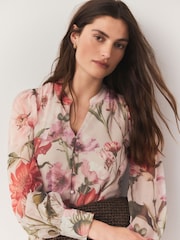 Red Floral Print Mini Long Sleeve Tie Dress - Image 4 of 7