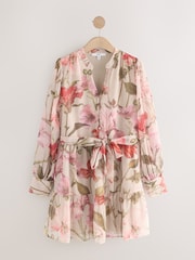Red Floral Print Mini Long Sleeve Tie Dress - Image 5 of 7
