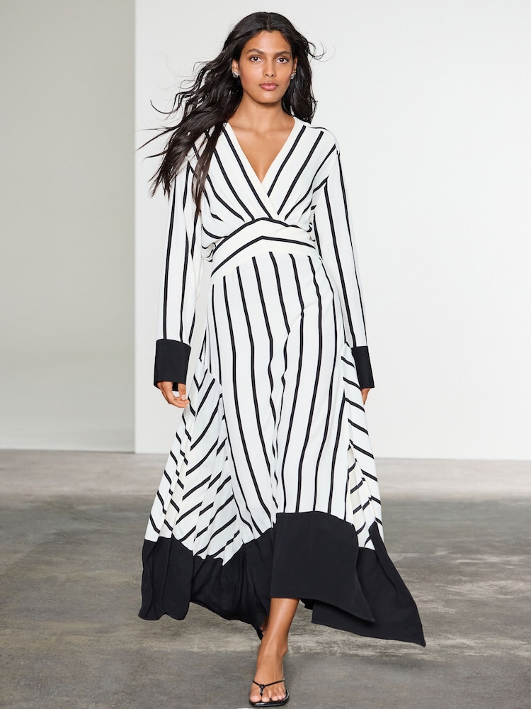 Black & White Stripe Asymmetric Kaftan Maxi Dress - Image 1 of 3