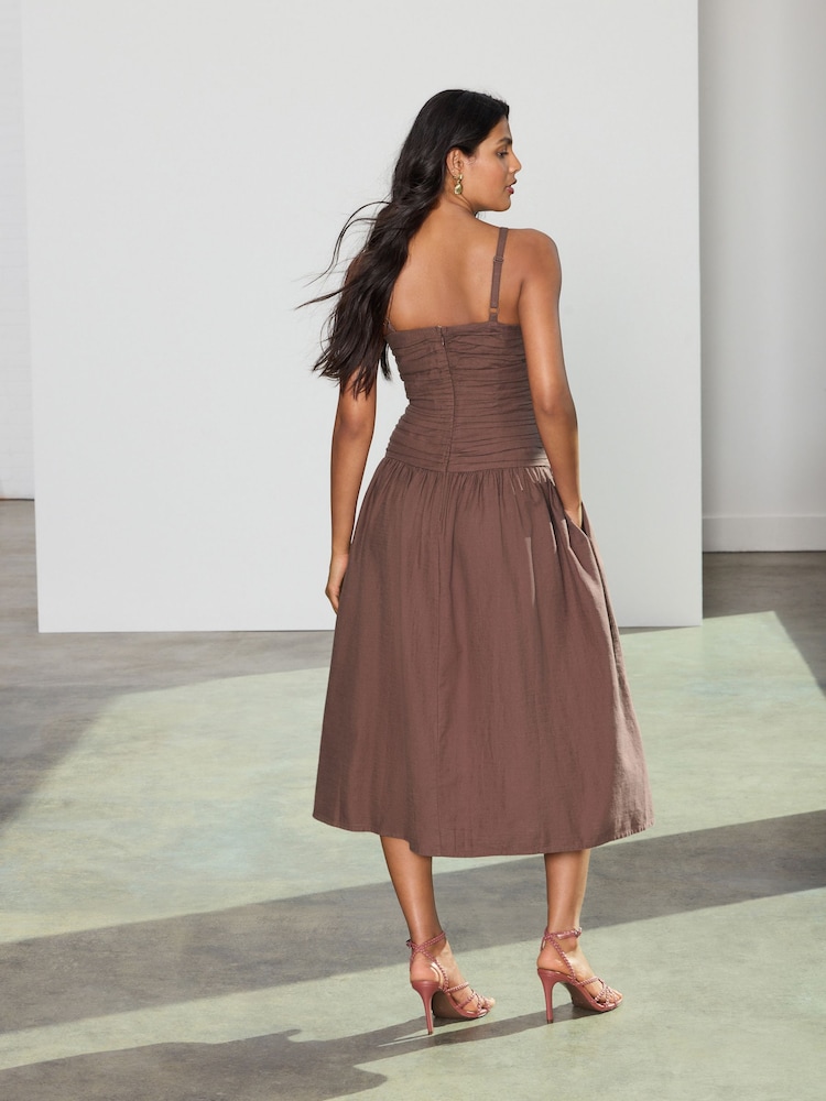 Chocolate Brown Ruched Strappy Midi Dress - Image 2 of 4 Chocolate Brown Ruched Strappy Midi Dress - Image 2 of 4