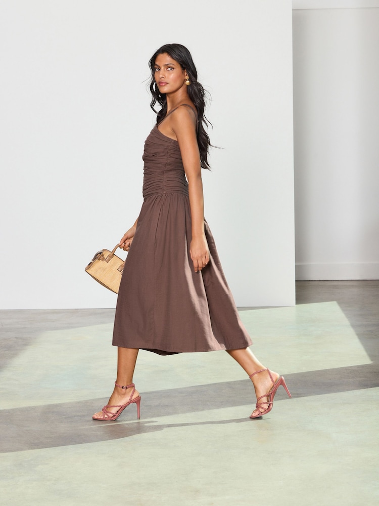Chocolate Brown Ruched Strappy Midi Dress - Image 4 of 4