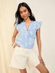 Friends Like These Blue Floral Petite Short Sleeve V-Neck Blouse - Image 2 of 4