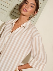 Friends Like These Oatmeal Stripe Petite Linen Look Shirt - Image 4 of 5