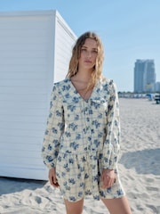 Blue Floral Check Mini Frill Collar Tiered Boho Dress - Image 1 of 9