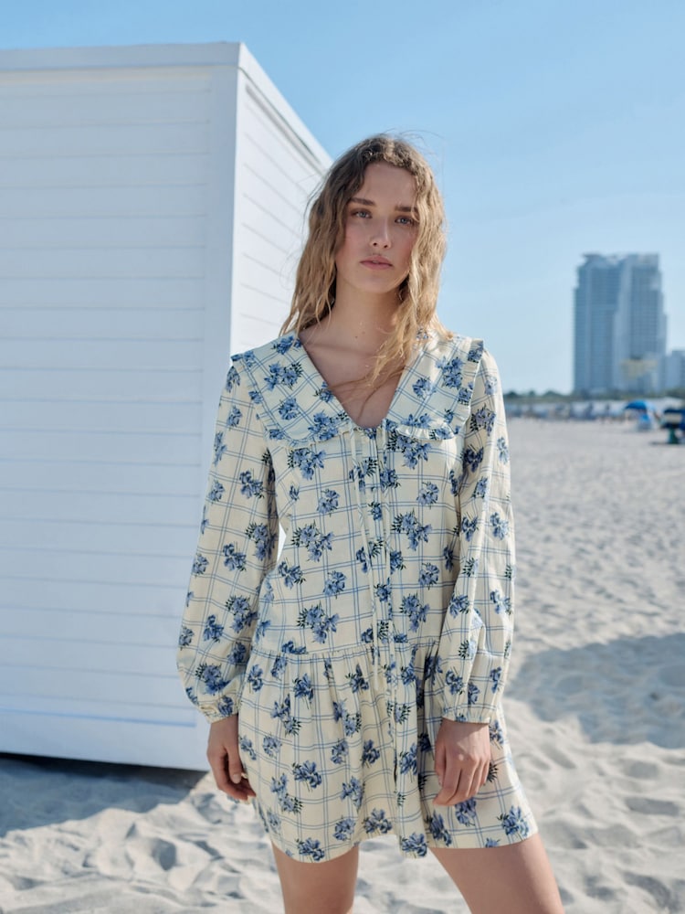 Blue Floral Check Mini Frill Collar Tiered Boho Dress - Image 1 of 9