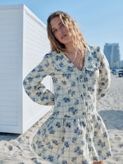 Blue Floral Check Mini Frill Collar Tiered Boho Dress - Image 2 of 9