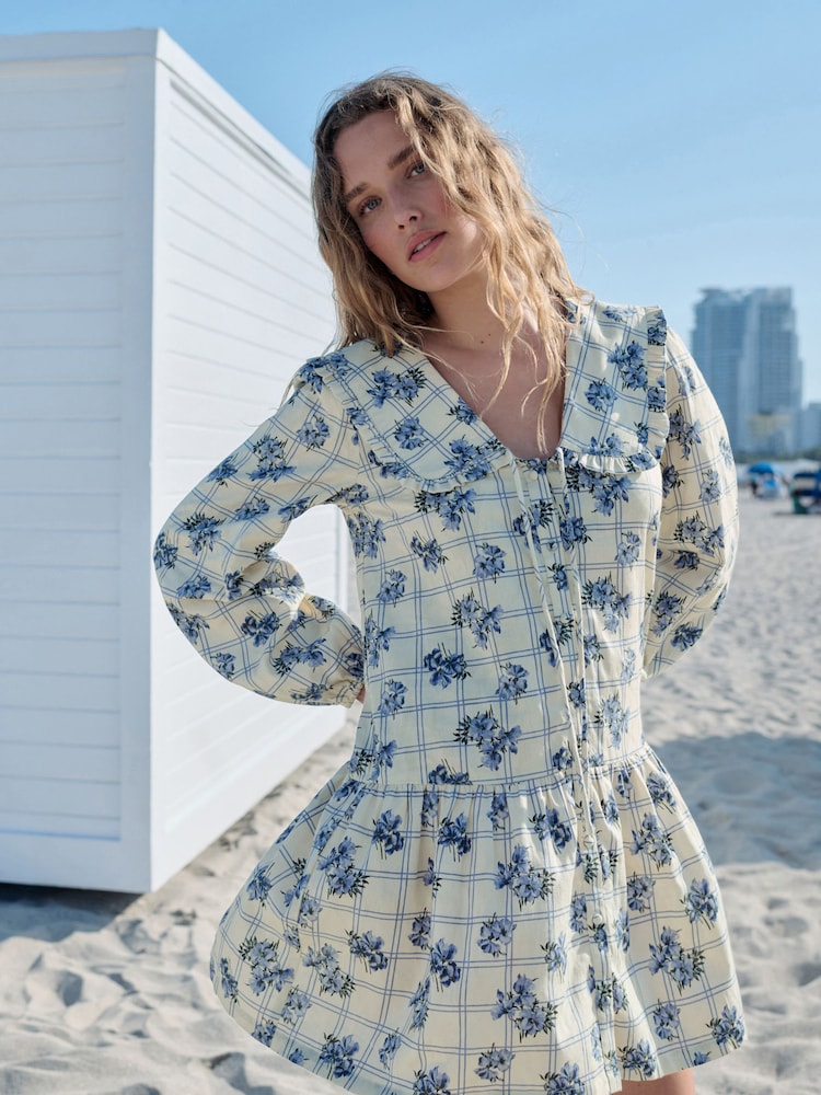 Blue Floral Check Mini Frill Collar Tiered Boho Dress - Image 2 of 9