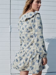 Blue Floral Check Mini Frill Collar Tiered Boho Dress - Image 3 of 9