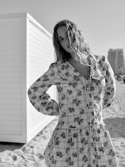 Blue Floral Check Mini Frill Collar Tiered Boho Dress - Image 5 of 9