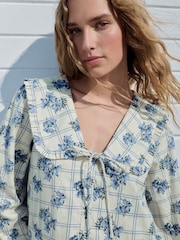 Blue Floral Check Mini Frill Collar Tiered Boho Dress - Image 6 of 9