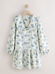Blue Floral Check Mini Frill Collar Tiered Boho Dress - Image 7 of 9