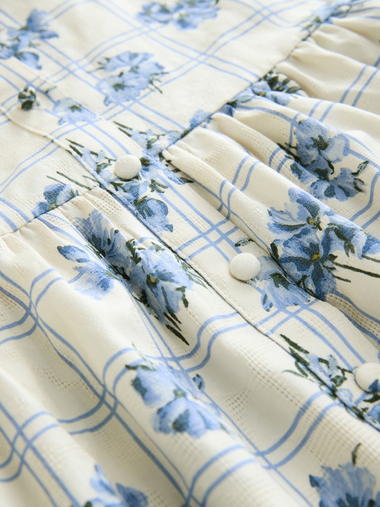 Blue Floral Check Mini Frill Collar Tiered Boho Dress - Image 9 of 9