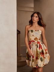 Red Floral Print Occasion Mini Puff Hem 100% Cotton Dress - Image 2 of 4