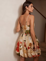 Red Floral Print Occasion Mini Puff Hem 100% Cotton Dress - Image 3 of 4