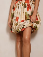 Red Floral Print Occasion Mini Puff Hem 100% Cotton Dress - Image 4 of 4