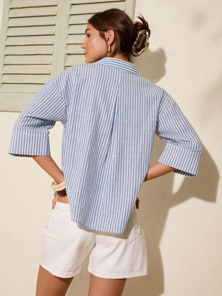 Friends Like These Blue Stripe Petite Linen Look Shirt - Image 5 of 5