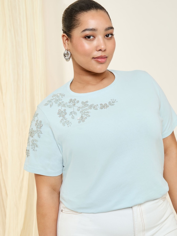 Friends Like These Pale Blue Curve Floral Embellished 100% Cotton T-Shirt - Image 1 of 4