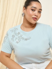 Friends Like These Pale Blue Curve Floral Embellished 100% Cotton T-Shirt - Image 2 of 4