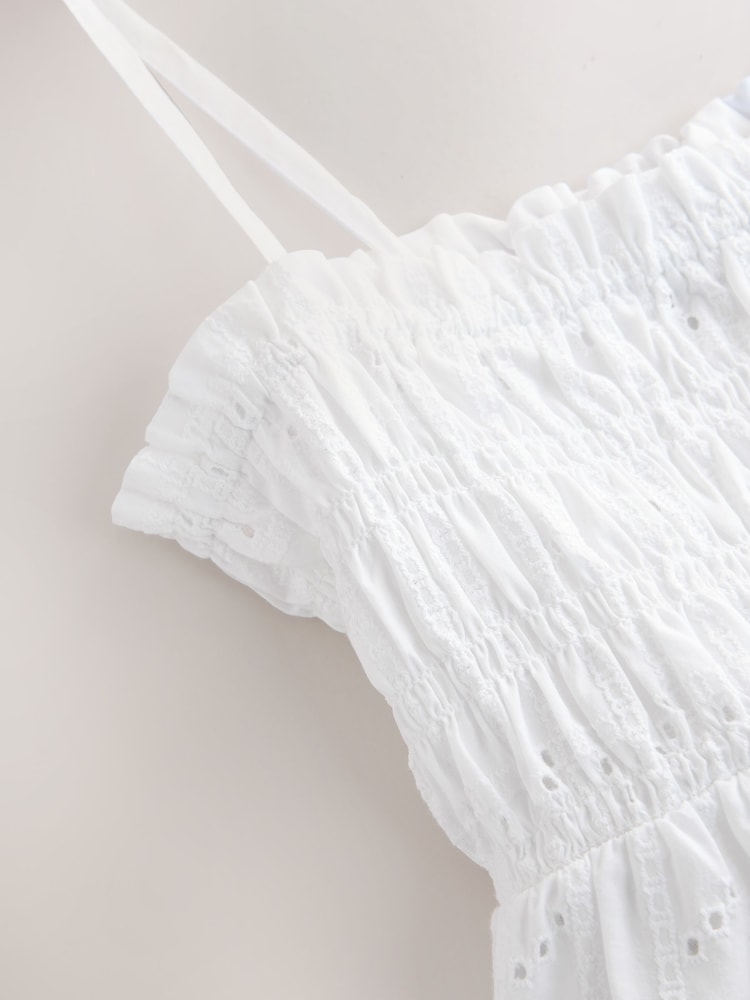 White Sleeveless Shirred Broderie Cami - Image 7 of 7