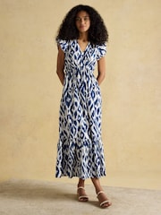 Joules Winnie Blue/White Frill Shoulder Dress - Image 1 of 9