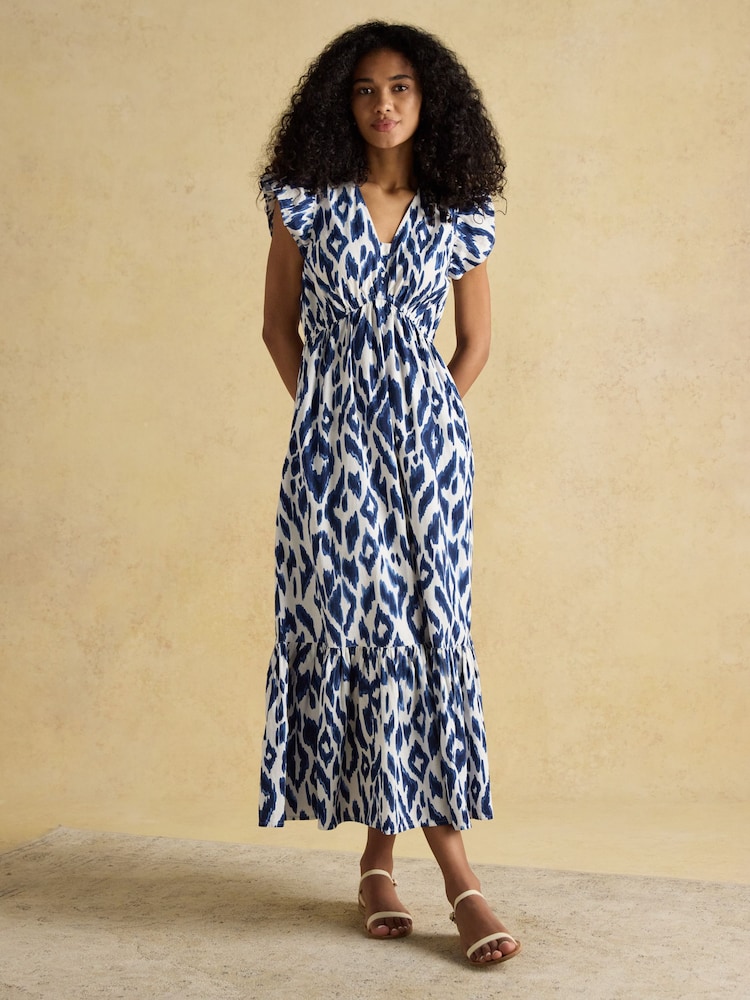 Joules Winnie Blue/White Frill Shoulder Dress - Image 1 of 9
