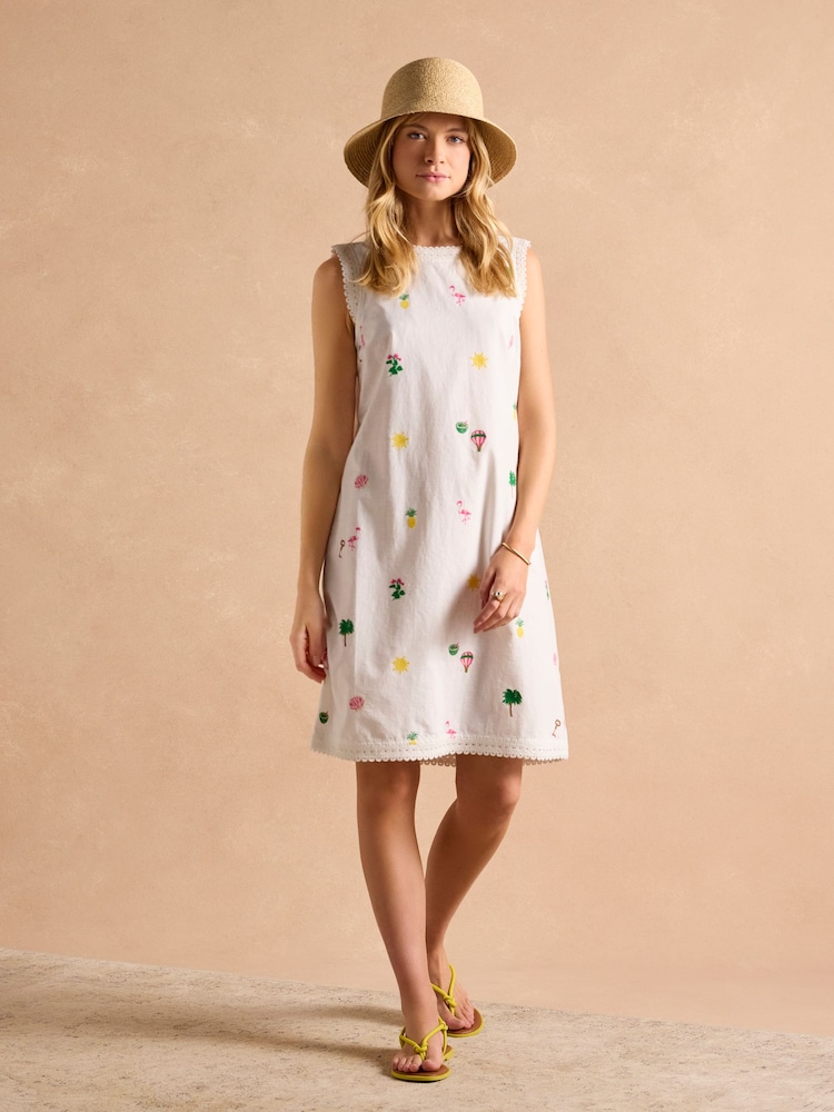 Joules Cream Aileen 100% Cotton Sleeveless Shift Dress - Image 2 of 7