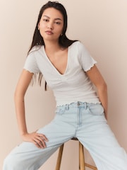 White Short Sleeve V-Neck Textured T-shirt - Image 1 of 5
