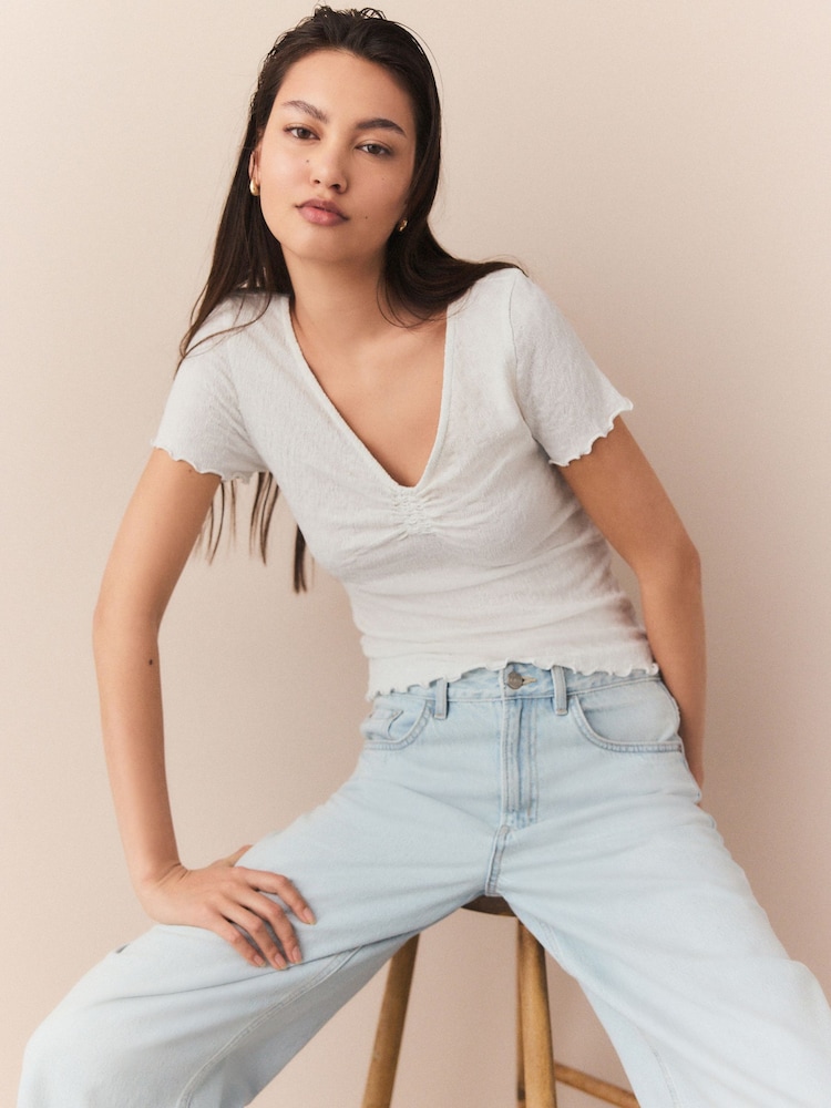 White Short Sleeve V-Neck Textured T-shirt - Image 1 of 5