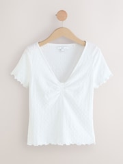 White Short Sleeve V-Neck Textured T-shirt - Image 6 of 8
