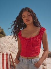 Red Bustier Jersey Embroidered Top - Image 1 of 7