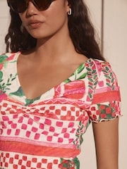 Green Print Short Sleeve V-Neck Textured T-shirt - Image 4 of 8
