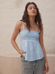 Blue/White Sleeveless Shirred Broderie Cami - Image 1 of 8