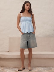 Blue/White Sleeveless Shirred Broderie Cami - Image 3 of 8