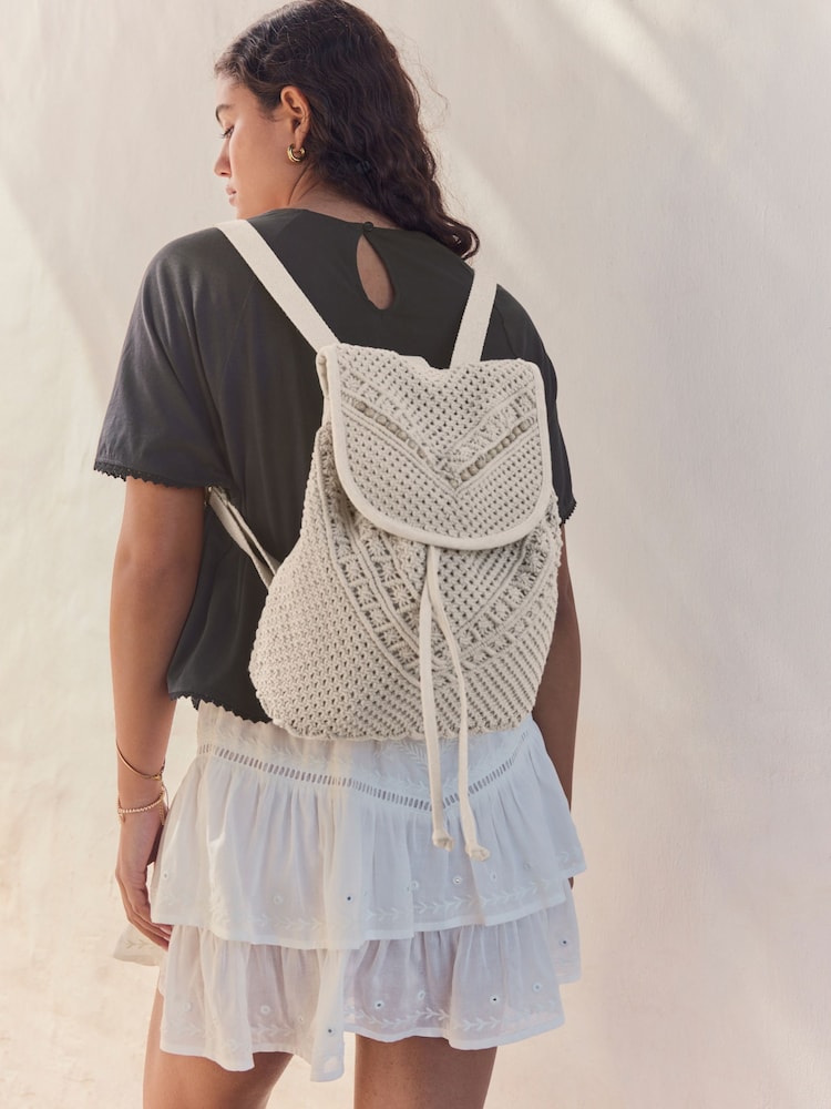 White 100% Cotton Macrame Beaded Rucksack - Image 2 of 9