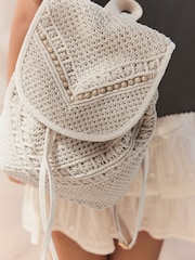 White 100% Cotton Macrame Beaded Rucksack - Image 4 of 9