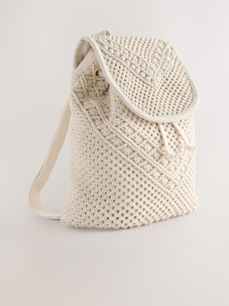 Weiß - 100% Cotton Macrame Beaded Rucksack - Image 5 of 9