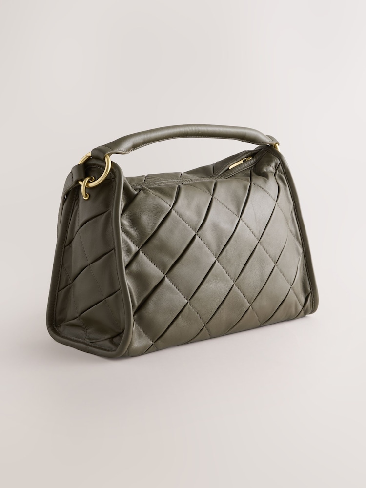 Khaki Green Leather Weave Cross-Body Bag - Image 2 of 5