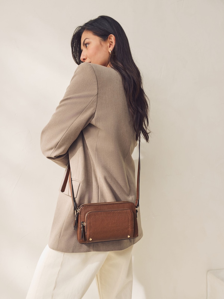 Tan Brown Double Zip Cross Body Bag - Image 1 of 8