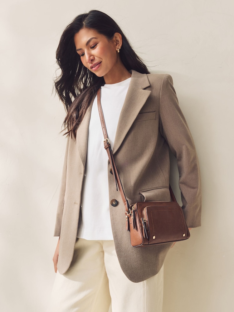 Tan Brown Double Zip Cross Body Bag - Image 2 of 8