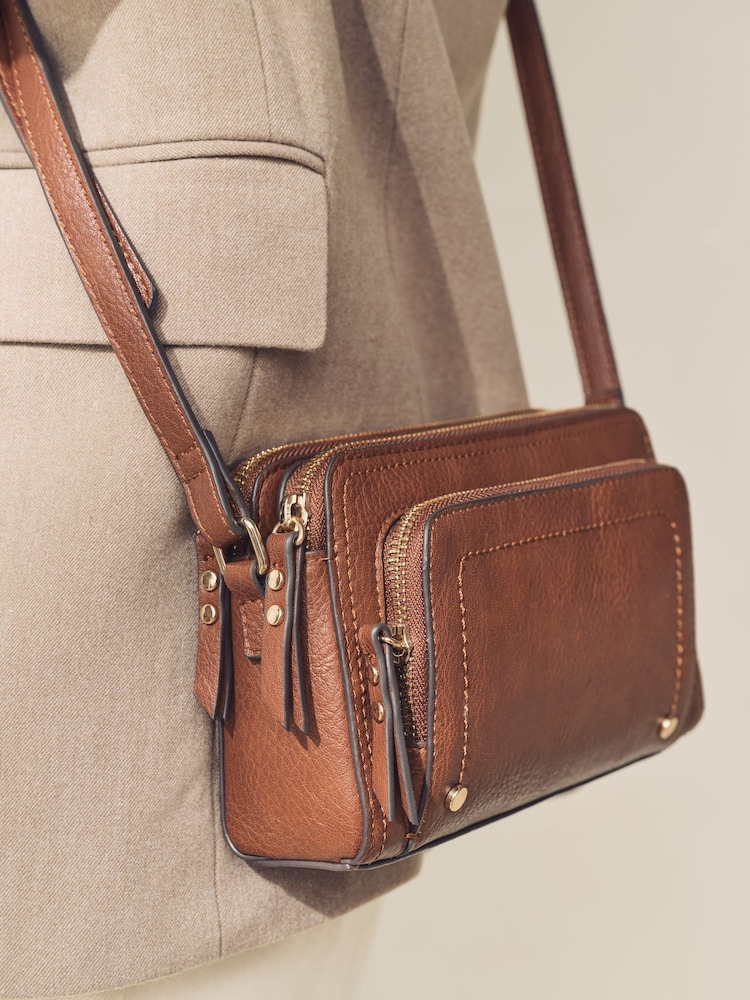 Tan Brown Double Zip Cross Body Bag - Image 3 of 8
