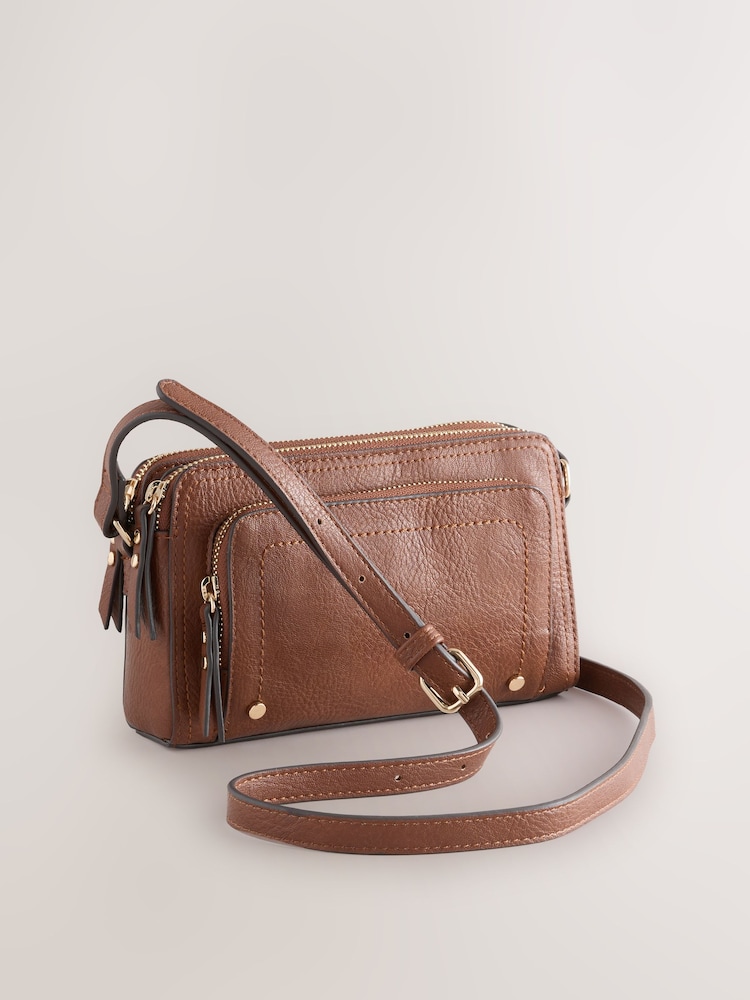 Tan Brown Double Zip Cross Body Bag - Image 4 of 8