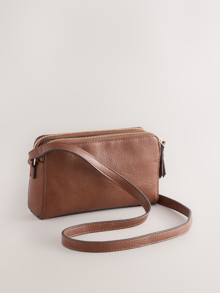 Tan Brown Double Zip Cross Body Bag - Image 5 of 8