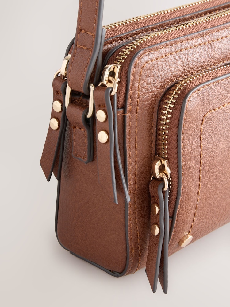 Tan Brown Double Zip Cross Body Bag - Image 7 of 8