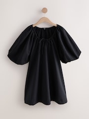 Black 100% Cotton Puff Sleeve Tie Front Mini Dress - Image 1 of 3