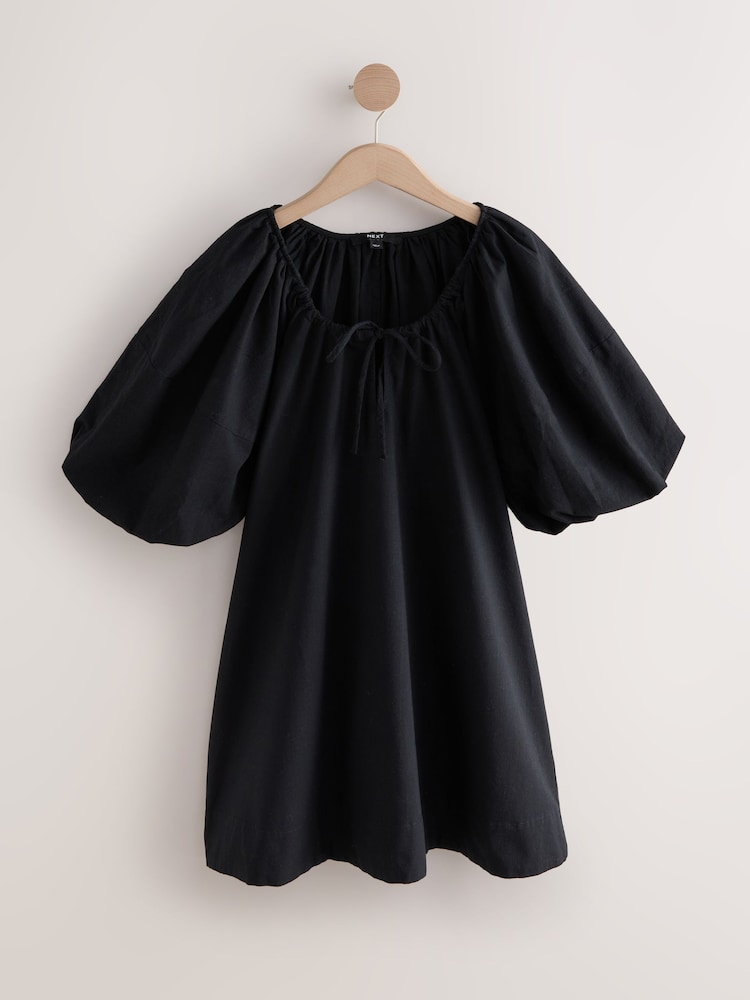 Black 100% Cotton Puff Sleeve Tie Front Mini Dress - Image 1 of 3