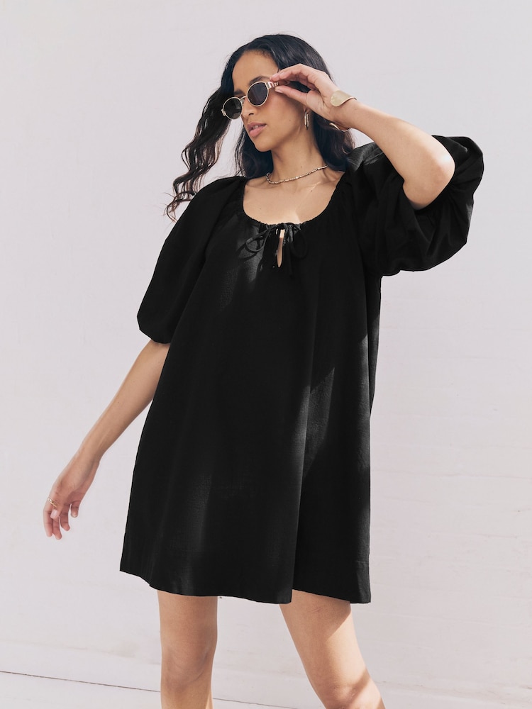 Black 100% Cotton Puff Sleeve Tie Front Mini Dress - Image 2 of 9 Black 100% Cotton Puff Sleeve Tie Front Mini Dress - Image 2 of 9