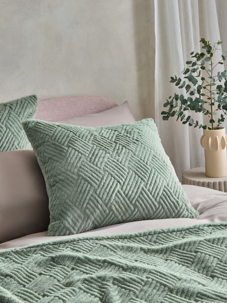 Sage Green 59 x 59cm Basset Embossed Faux Fur Cushion - Image 1 of 5