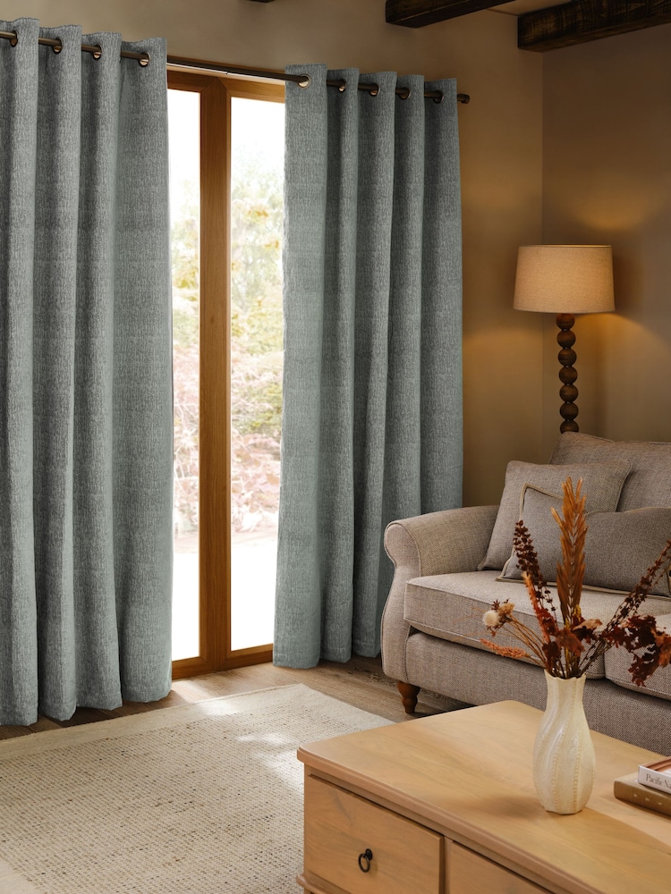 Grey Blue Heavyweight Chenille Eyelet Super Thermal Curtains - Image 1 of 8