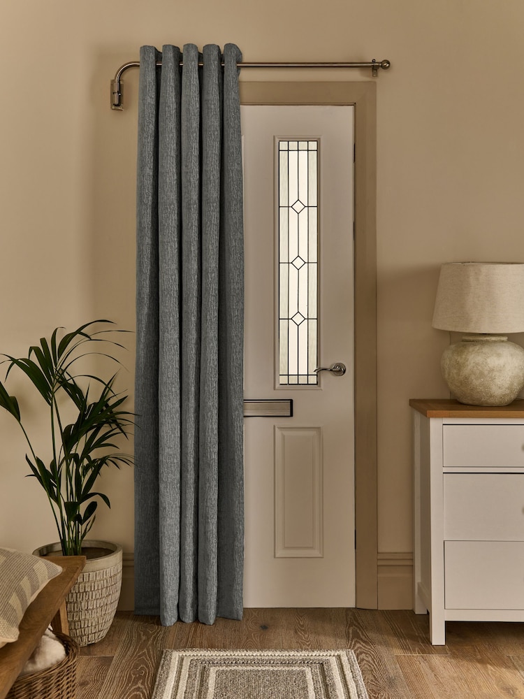 Grey Blue Heavyweight Chenille Super Thermal Eyelet Door Curtains - Image 1 of 5